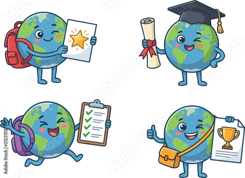 Cute Earth Globe Student Mascot Set with Backpacks Mortarboard Cap Diploma Trophy and Checklist for International Academic Success Concepts Vector