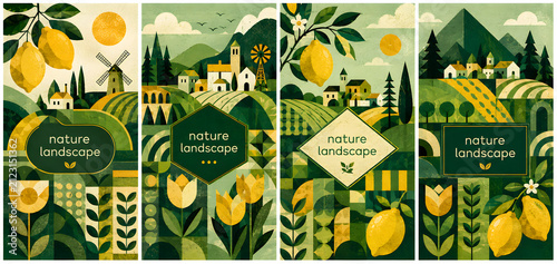 abstract nature landscape with lemons and village