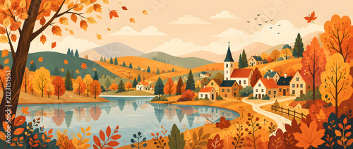 Autumn village landscape with lake and colorful trees