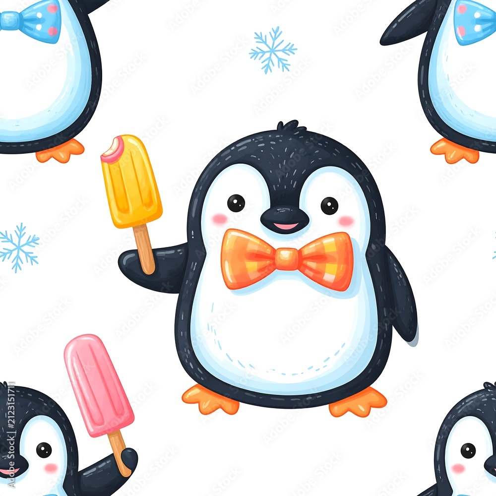Obraz premium Playful Penguin Character And Sweet Ice Cream Pattern For Sleepwear