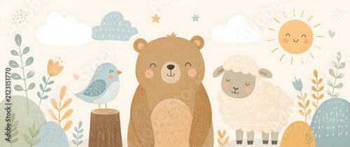 Cute cartoon bear bird and sheep in nature