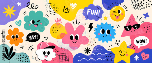 Cute cartoon characters and shapes with fun expressions