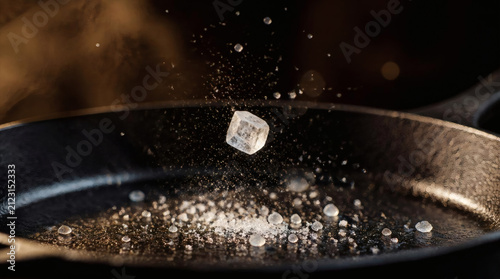 Single Salt Crystal Falling into Cast Iron Pan with Steam