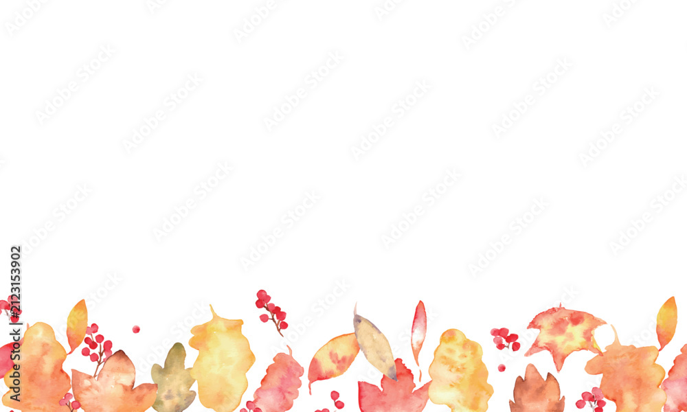 Fototapeta premium 水彩秋フレーム＆紅葉素材セット｜落ち葉・もみじ・どんぐり・秋の植物・背景・コピースペース Watercolor Autumn Frame and Fall Leaves Collection Set with Copy Space 