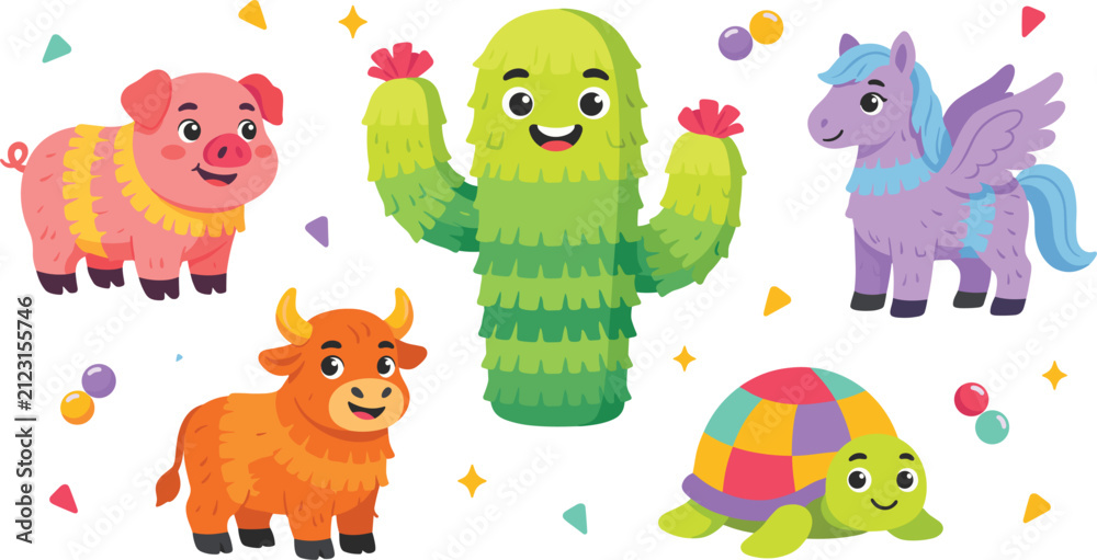 Naklejka premium Cute Mexican Piñata Vector Character Set Featuring Cactus, Pig, Donkey, Bull, and Turtle with Colorful Confetti for Fiesta Birthday Party Designs