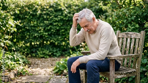 Senior man in light cotton sweater sits on weathered wooden garden chair, scratching head in thoughtful contemplation amid lush greenery