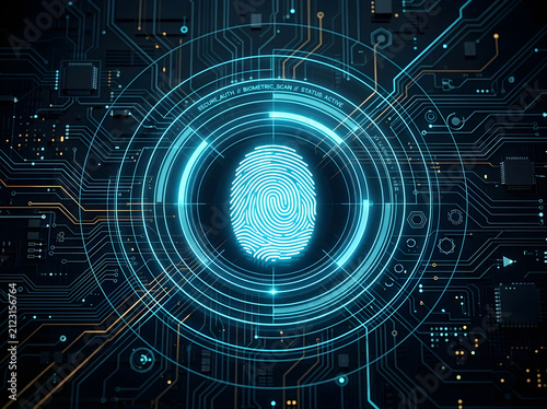 Digital biometric fingerprint scanner security authentication concept with glowing circuitry interface fingerprint security biometric technology authentication identity protection biometrics