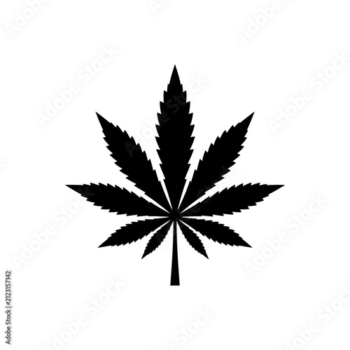 Cannabis leaf silhouette provides a simple, stark black graphic representation of a marijuana plant's distinctive seven-pointed leaf on a pristine white background.
