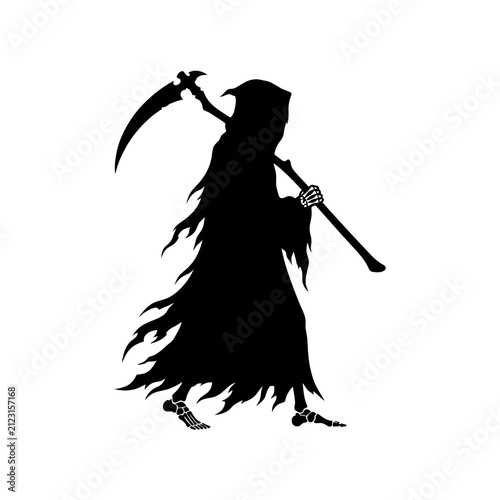 Canvas Print Grim reaper silhouette walks with a large scythe over its shoulder, depicted with skeletal feet and a tattered, flowing robe