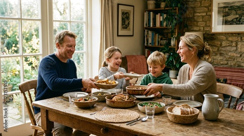 Happy Caucasian family sharing homemade meal together at wooden dining table in cozy sunlit home, parents passing ceramic dishes of pasta, salad, bread to children