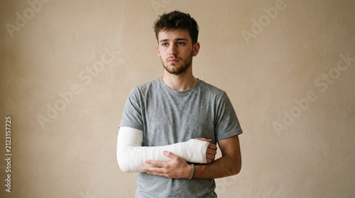 Young man in gray t-shirt cradling broken right arm in white cast, standing against neutral beige background, indoor portrait depicting injury recovery, healthcare concept