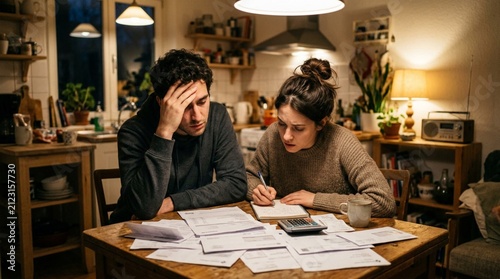 Stressed young couple at kitchen table reviewing scattered bills, receipts, and calculator under warm lamp light at home, worried about finances and monthly budget