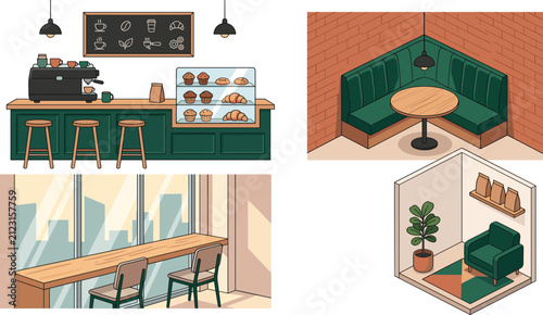 Modern Coffee Shop Interior Vector Set Featuring Cafe Bar Counter, Bakery Display, Cozy Booth Seating, Window Bar, and Isometric Lounge Design
