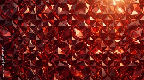 Seamless abstract background of faceted red crystal mosaic with sharp geometric facets catching warm light, deep crimson and ruby tones, decorative texture