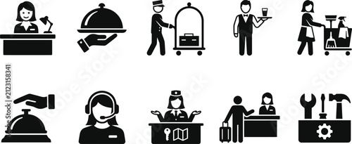 Hotel staff and concierge services solid icon set featuring reception porter server cleaning maintenance professional symbols concierge reception cleaning maintenance profession