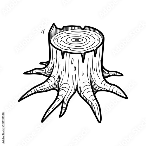 Detailed line art drawing of a tree stump with roots