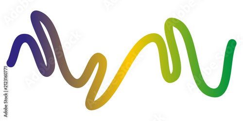 A minimalist vector design featuring a fluid, continuous squiggly wave line transitioning through a gradient of purple, yellow, and green. 