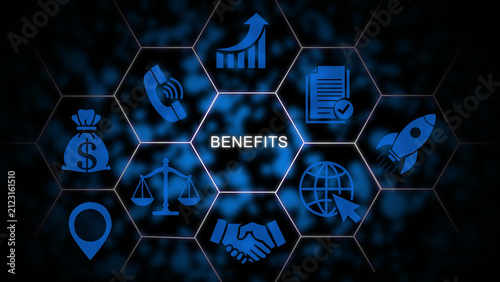 Benefits concept displayed with blue glowing in a hexagonal grid pattern on a dark background, featuring symbols for business, communication, law, and technology for digital corporate strategy