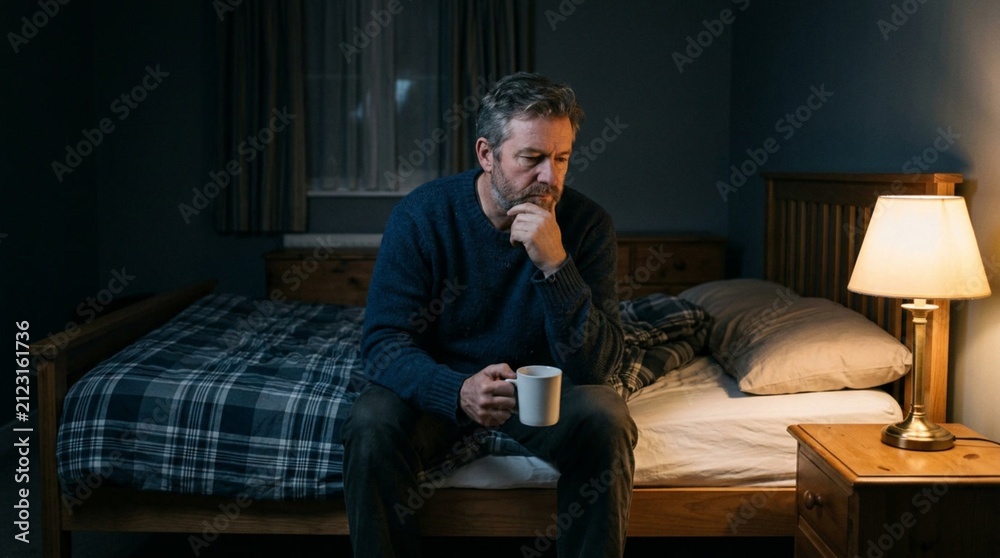 Fototapeta premium Thoughtful middle-aged man sitting alone on bed edge in dimly lit bedroom at night, holding white mug with hand on chin, soft warm lamp light, contemplative mood, insomnia