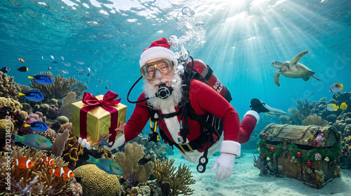 Santa Claus scuba diving in a crystal-clear tropical ocean environment.