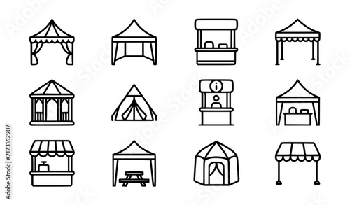 Event Tent and Kiosk Line Icon Set, Outdoor Canopy Outline Vector Symbols for Market, Fair, and Exhibition