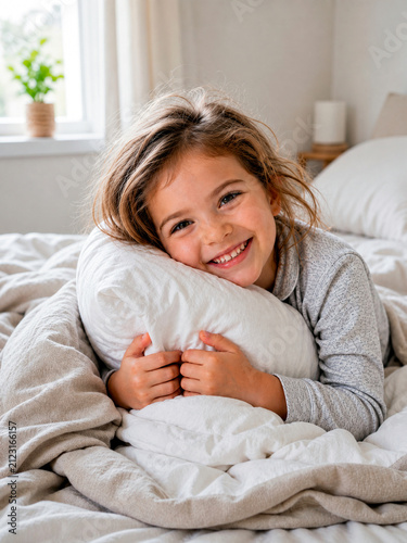 Happy female child lying in bed hugging white pillow. Cute girl resting at home in bedroom during morning time. Childhood, comfort, relaxation, carefree lifestyle and peaceful sleep concept.