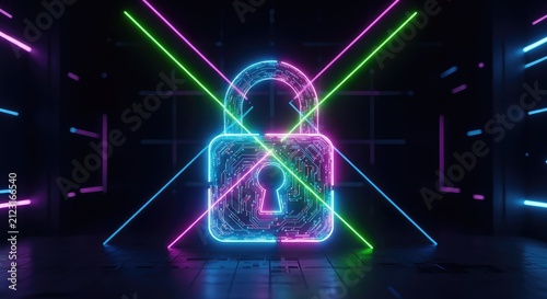 Vibrant neon digital padlock glows in a dark cyber environment with geometric light beams symbolizing advanced online security and protection, technology, blue, light