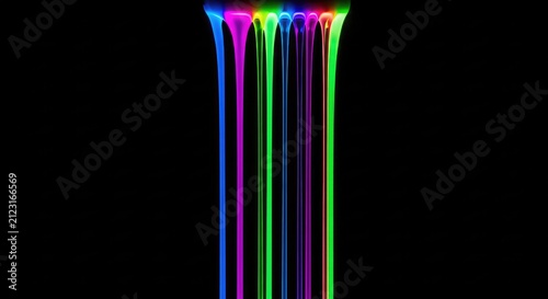 Vibrant neon liquid streams cascade vertically down a pitch black background, creating an electric glow with mesmerizing fluid movement, drip, abstract, saturated