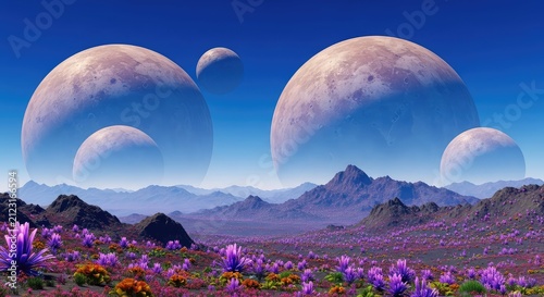 Surreal extraterrestrial horizon reveals massive celestial spheres looming over a vibrant landscape with glowing flora and jagged peaks, exploration, sky, purple