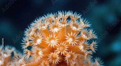 Vibrant orange and white coral polyps extend their intricate, dotted tentacles in a macro view of life thriving within an underwater reef, biology, colorful, reef