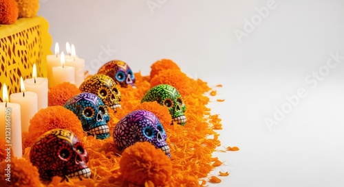 Vibrant traditional altar featuring orange marigold petals, decorative sugar skulls, and glowing candles positioned on the left side, calaveras, autumn, tribute