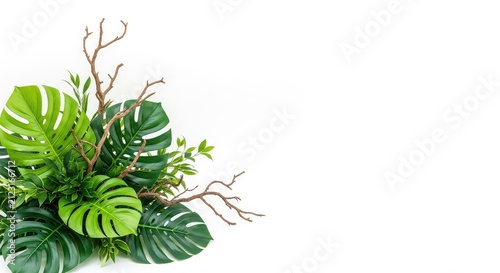 Vibrant tropical green foliage and organic tree branches are artfully arranged against a pure white backdrop, offering ample room for text, leaf, verdant, botanical