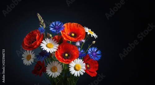 Vibrant wild flowers bloom against a deep black backdrop, showcasing delicate petals and rich textures in dramatic moody lighting for art, detail, flowers, fresh