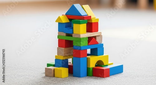 Vibrant wooden building blocks stacked into a complex tower on a soft playroom floor, reflecting shared focus and creative sensory play, growth, tower, play