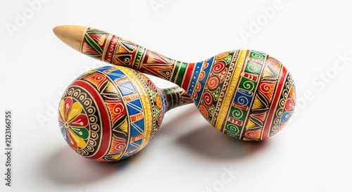 Vibrant wooden maracas with intricate patterns lying on a plain white surface, showcasing the classic handheld rhythm shaker instrument, music, celebration, empty