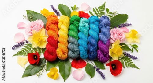 Vibrant wool yarn skeins in a rainbow of colors nestled among blooming floral petals and green leaves on a clean, bright studio surface, ball, textile, creative