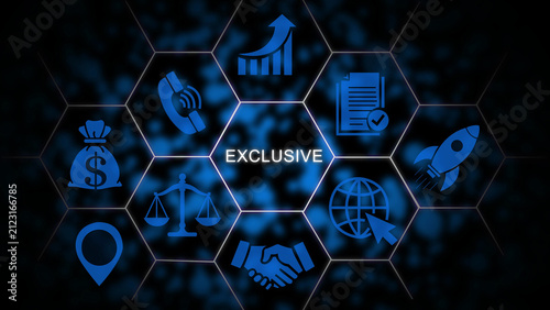 Foto Digital business concept featuring the word exclusive surrounded by blue of mone