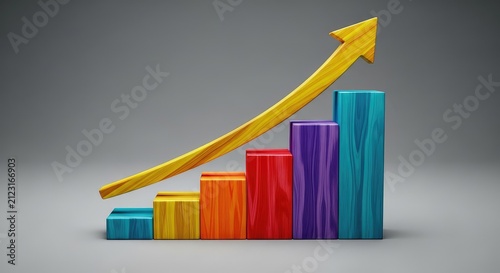Wooden cubes arranged as a rising bar chart featuring an upward arrow to symbolize corporate success and growth on a neutral gray base, elevation, achievement, profit