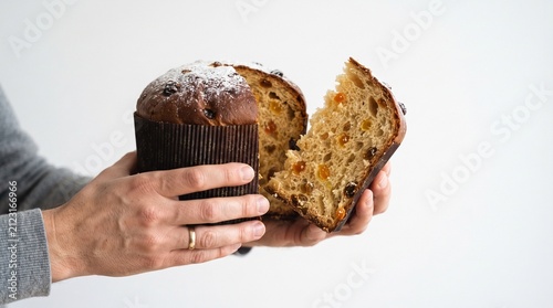 Hands holding a delicious panettone cake, sprinkled with powdered sugar and filled with candied fruit and raisins. The cake is slightly broken, revealing its rich texture