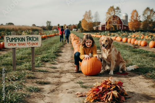 Autumn pumpkin patch illustration with young girl and golden retriever dog. Rustic farm landscape with red barn, fall foliage, and orange pumpkins.