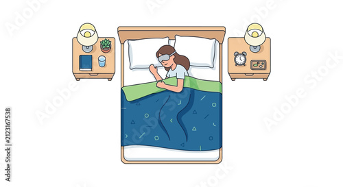 Foto Person sleeping in bed with bedside tables a vector illustration with a white ba