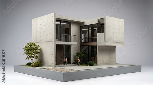 Modern minimalist living room with built-in shelving and plant.