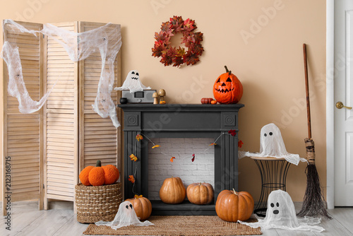 Fireplace with pumpkins, gh...