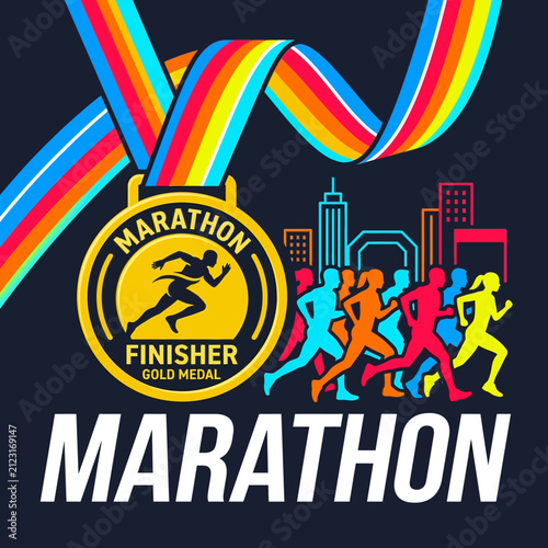 Vibrant Marathon Gold Medal Award With Colorful Runners And Cityscape Illustration