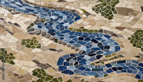 Fotografie Close up of a stone mosaic floor featuring a winding blue river pattern made of