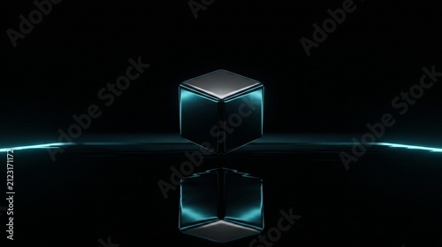 Dark Chrome Cube Hovering Over Liquid Pool for Web3 Landing Pages