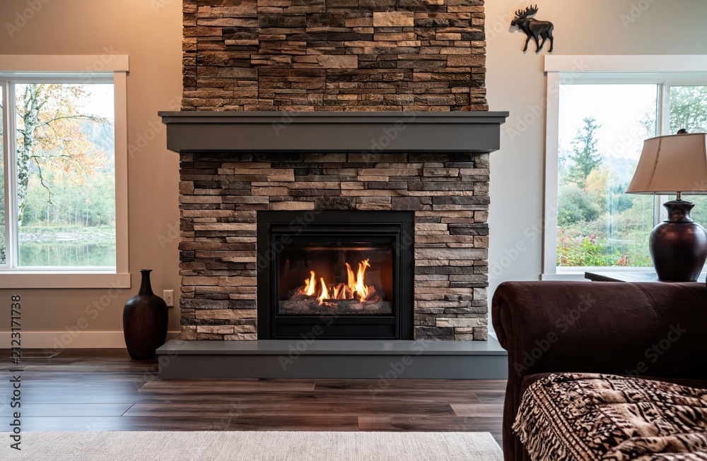 Obraz premium Fireplace in a cozy modern living room with warm stone interior of a luxury home