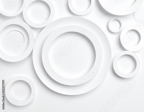 Many concentric random offset white rings or circles background wallpaper banner flat lay top view from above with copy space