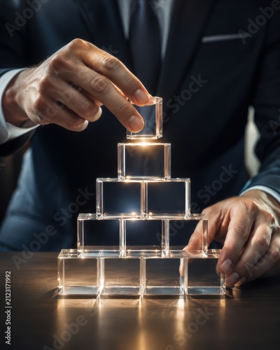 Businessman building longevity tower with glass blocks, photo