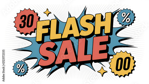 A vibrant comic book style graphic displays the words flash sale in bold yellow and red.